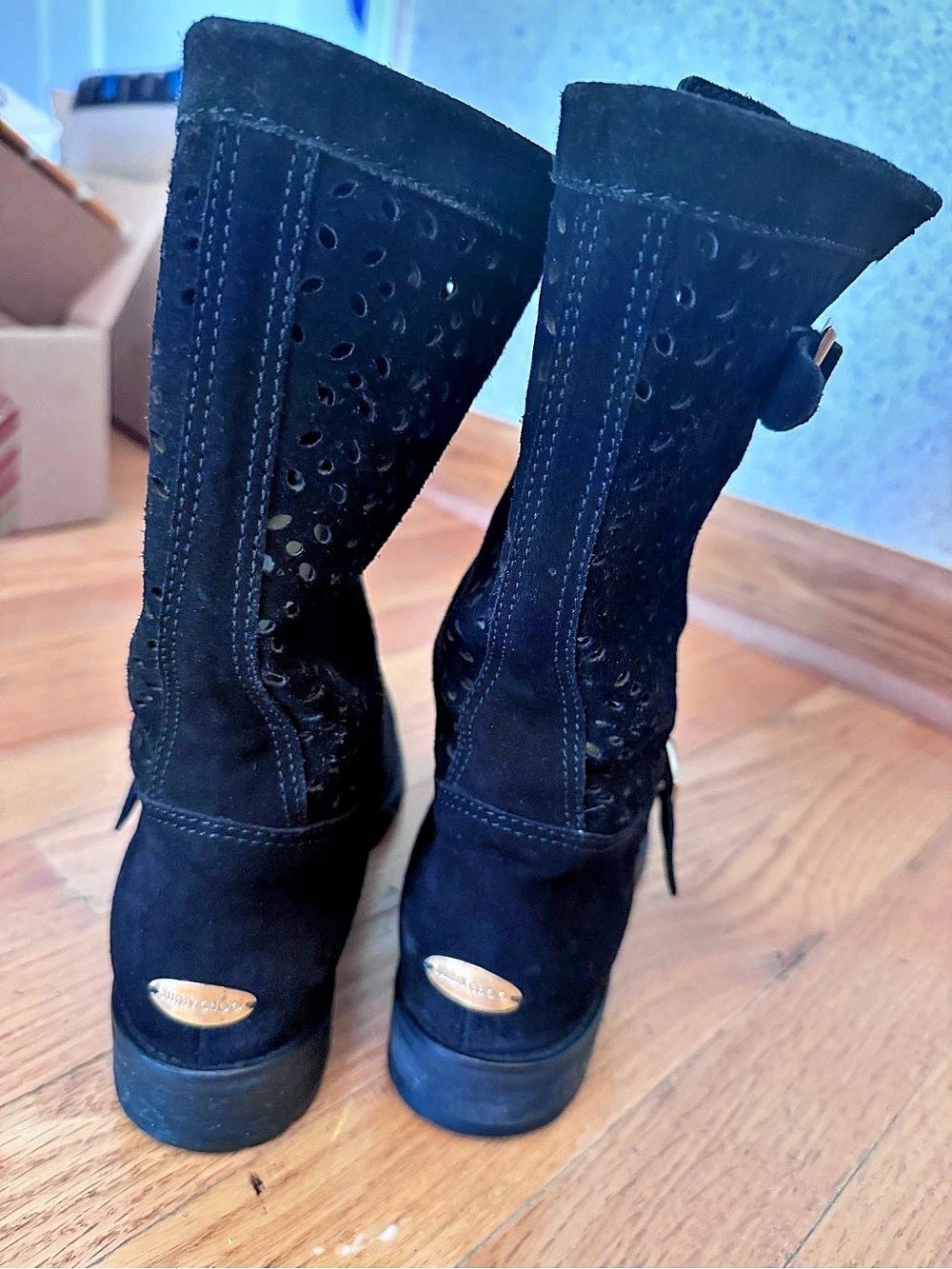 Jimmy Choo Biker Mid Suede Laser-Cut Buckle Boots